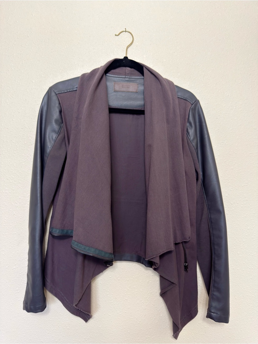 Blank NYC Mauve Draped Jacket with Black Faux-Leather Sleeves